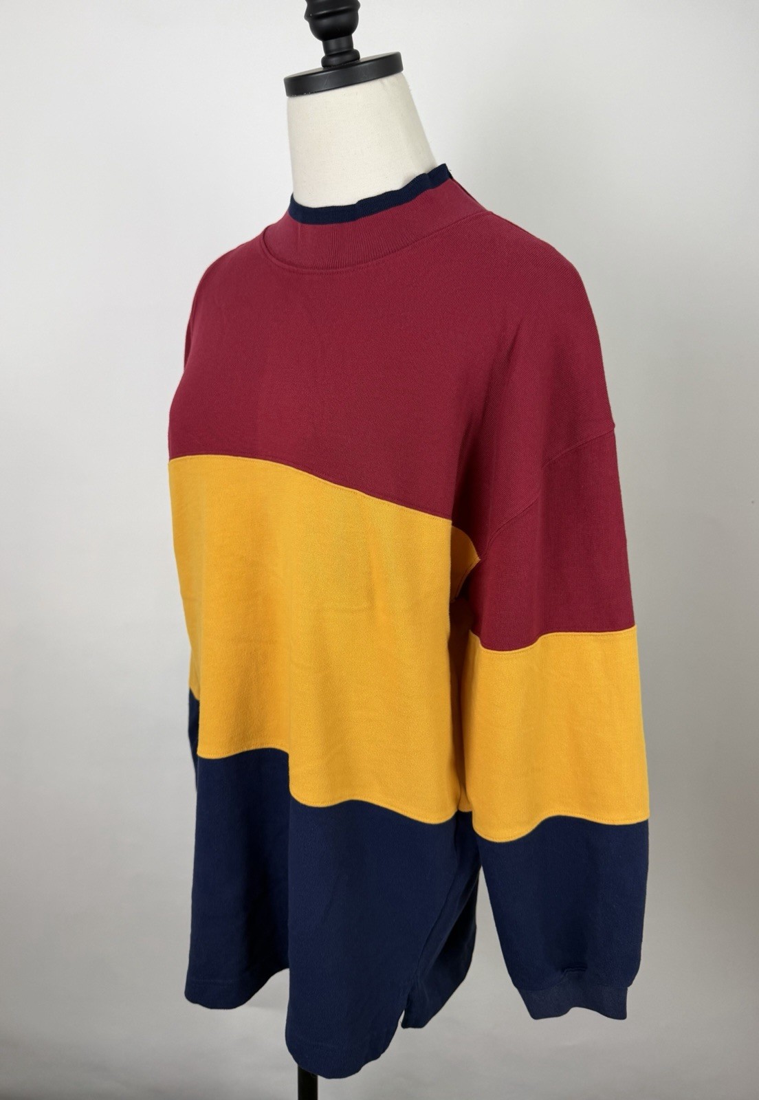 Vintage Mock Neck Shirt Womens Large 90s Color Block Rugby Stripe Tee Nautical