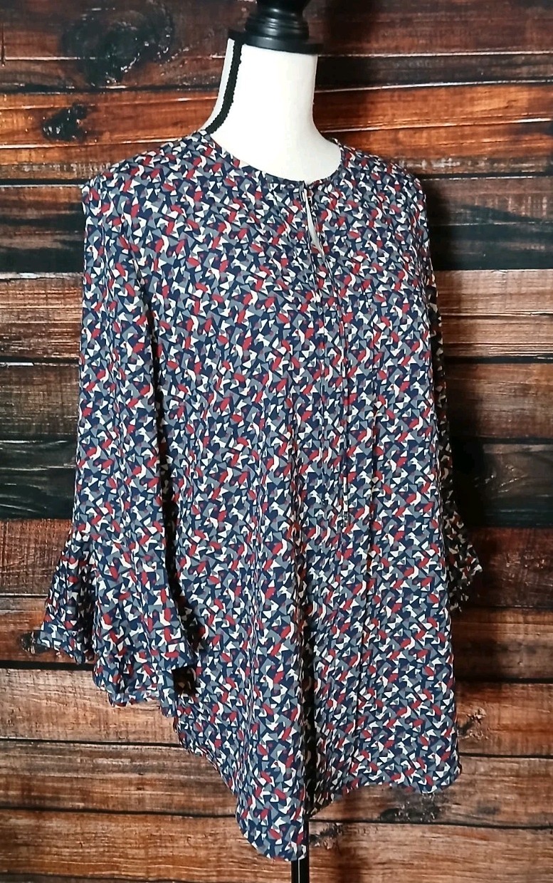 Lauren Ralph Lauren Top Blouse Size M Bell Cuff Tie Front Tunic Geometric