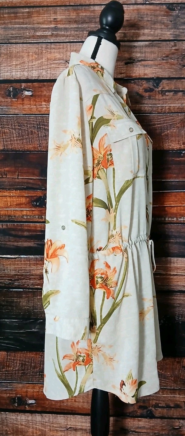 Chicos Tunic Top Size 2 US L Spring Lily Utility Shirt Roll Tab Cuff Drawstring