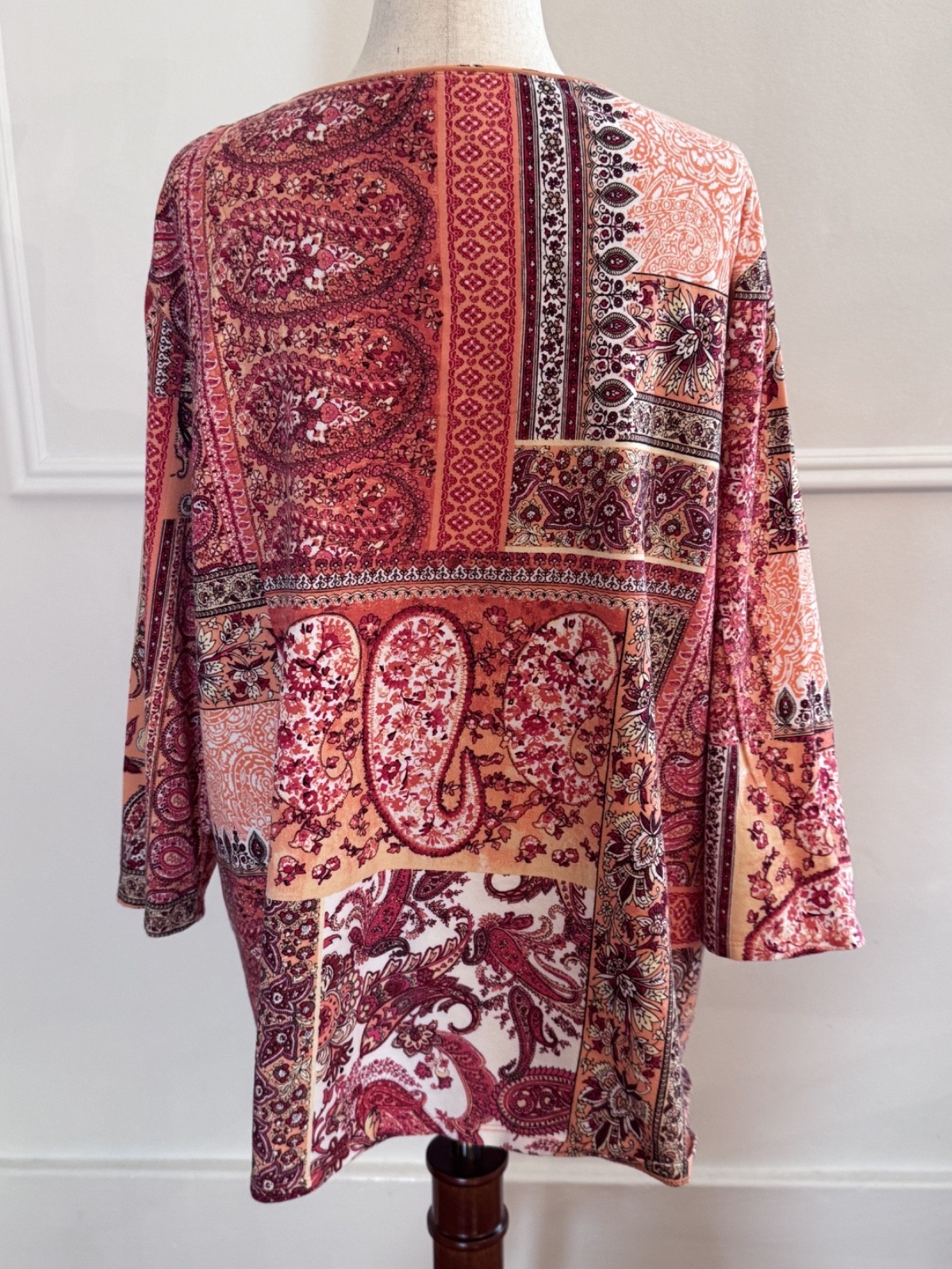 Chicos Size 3 Pink Paisley Patchwork Tunic Blouse Cotton Stretch Taiwan