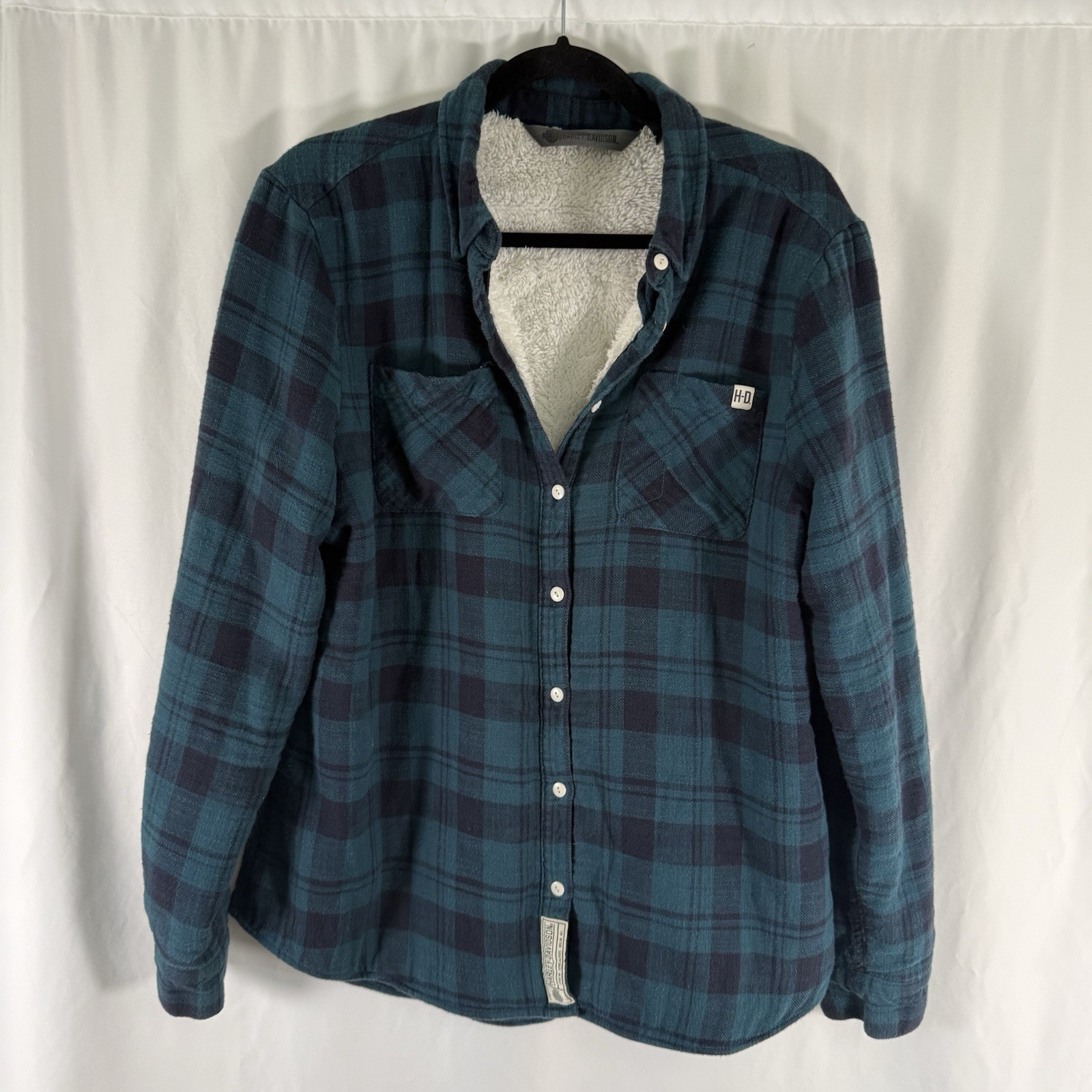 Harley Davidson Fleece Lined Flannel Shacket Women’s Large Green Plaid Button Up