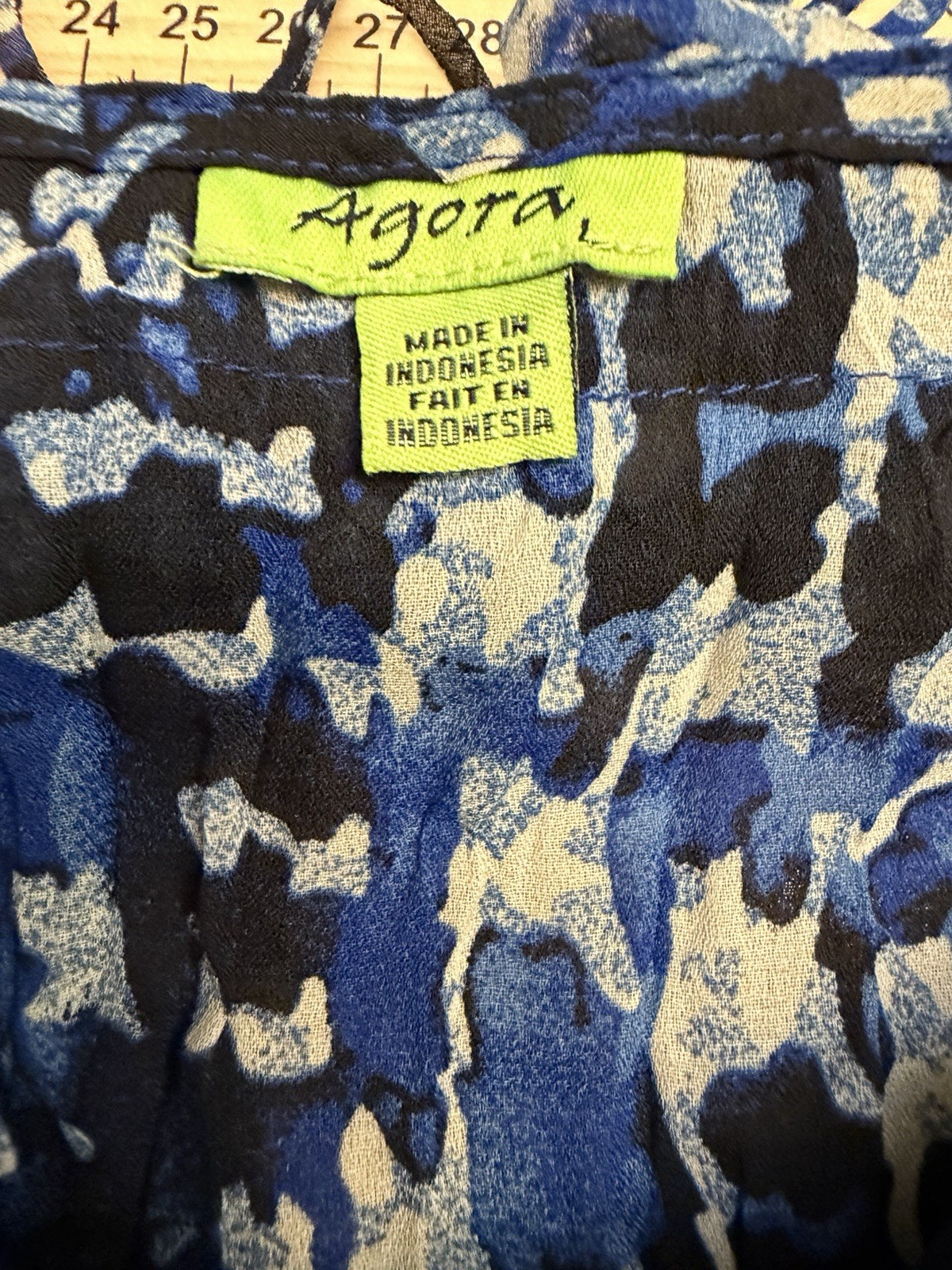 Agora Blue Black Abstract Crinkle Pleated Fringe Blouse Top Womens L Boho Y2K