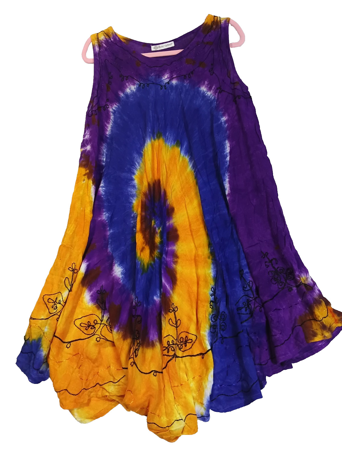Cute Options Women’s Tie Dye Tunic Top Purple Orange Embroidered Sleeveless Boho