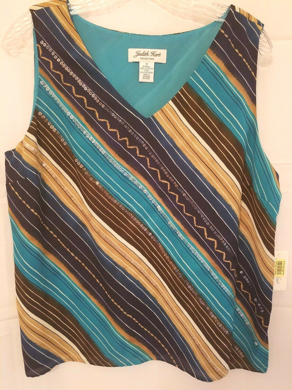 Nwts $44 Judith Hart Ladies Size 12 Blue & Brown Sequined Sleeveless Top Blouse