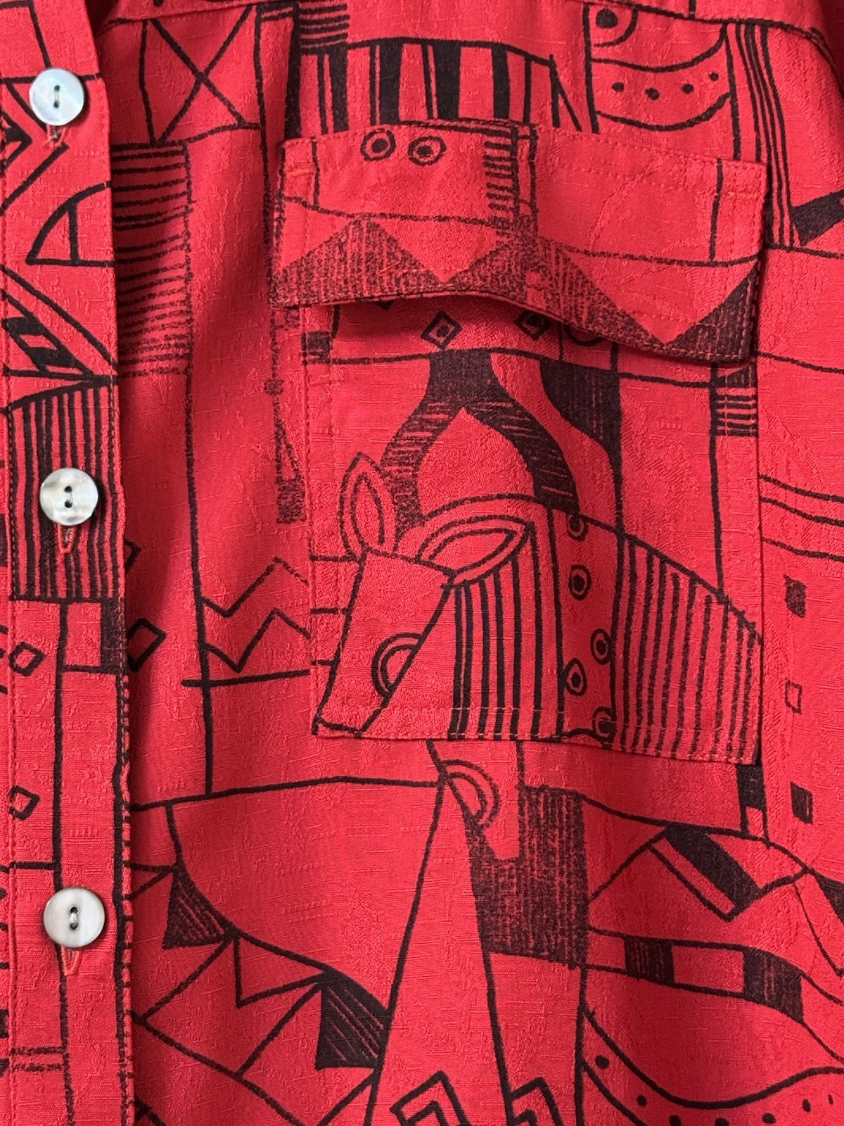 Chicos Tunic Top Size 2 Large 100% Silk Red & Black Art To Wear Geometric