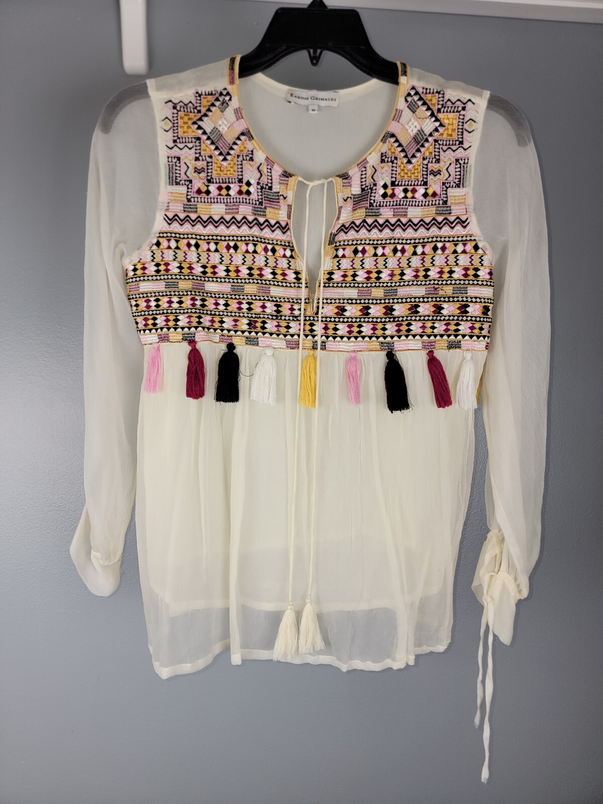 Karina Grimaldi Sheer Viscose Boho Beaded Aztec Women’s Medium Blouse W Tassles