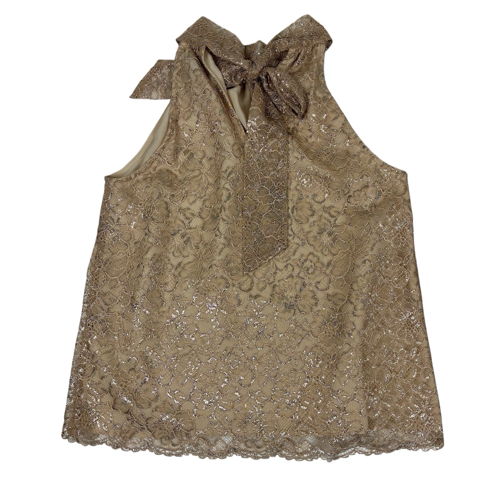 J Crew Tie Neck Top Metallic Gold Lace Sleeveless Womens S Evening Formal Party