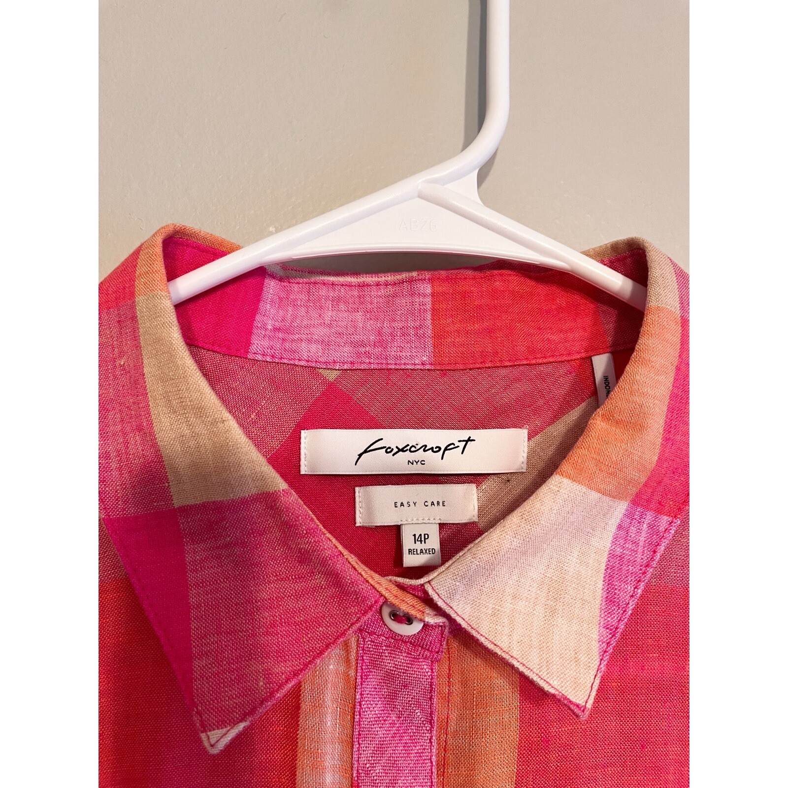 Foxcroft Easy Care Linen Tamara Check Top in Pink and Orange Petite 14