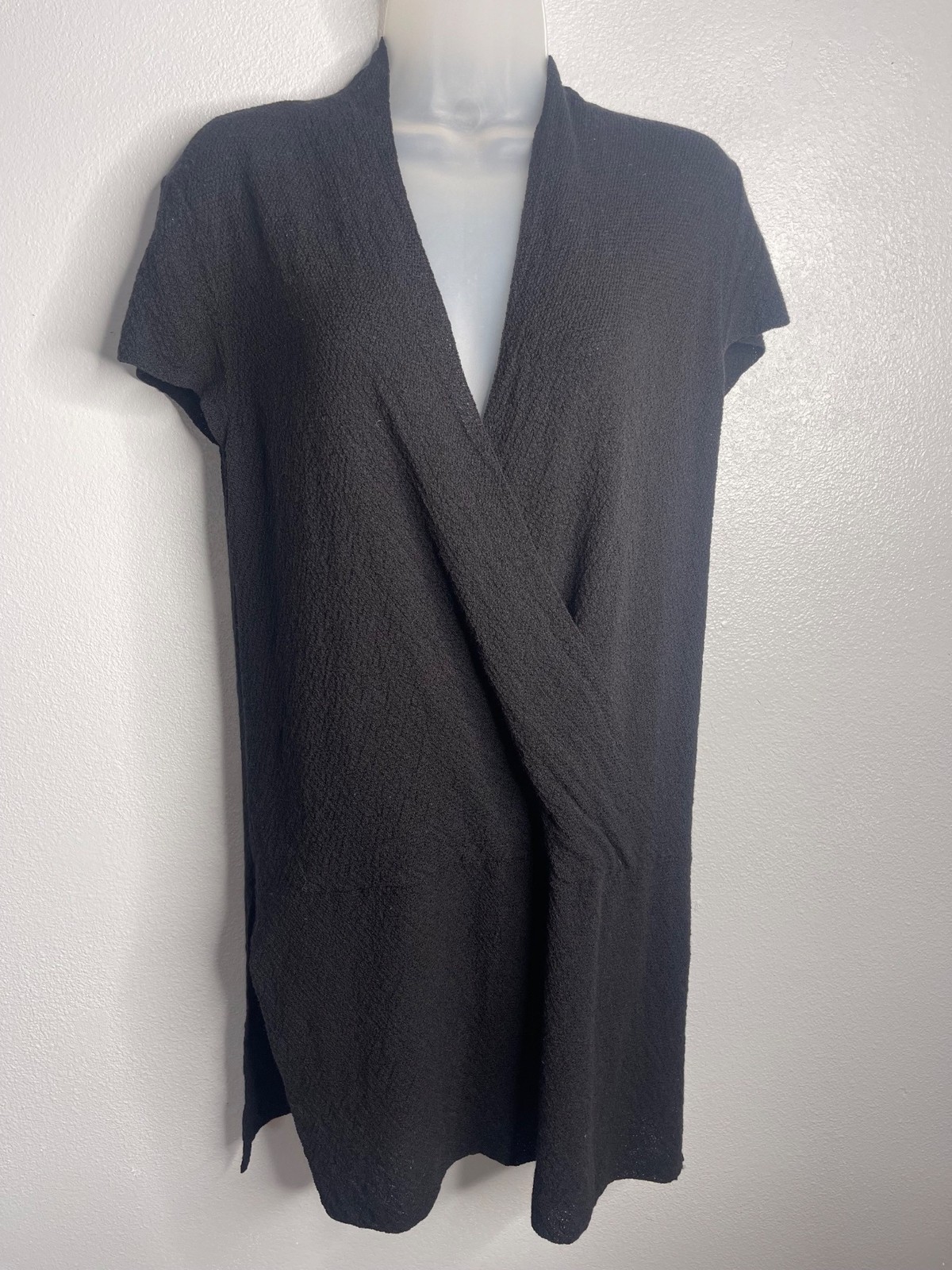 Eileen Fisher Black Short Sleeve Open Front Casual Faux Wrap Tunic Top SZ Small