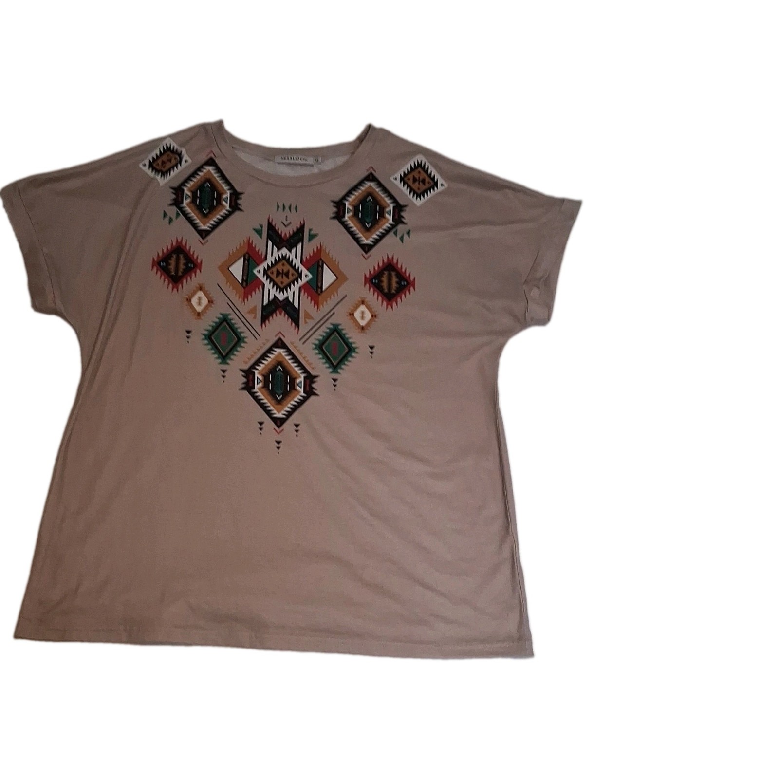 MISSLOOK Women’s XL Regular Beige Aztec Geometric Print Crew Neck T-Shirt