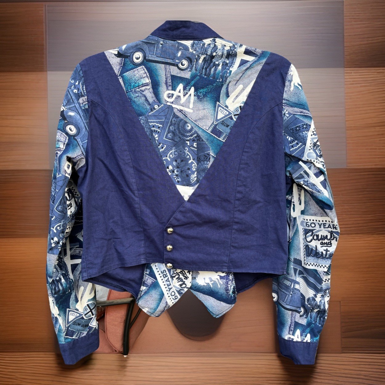 VTG 80s Banjo Cropped Western Shirt Women’s L Blue White Rodeo Cowgirl RARE