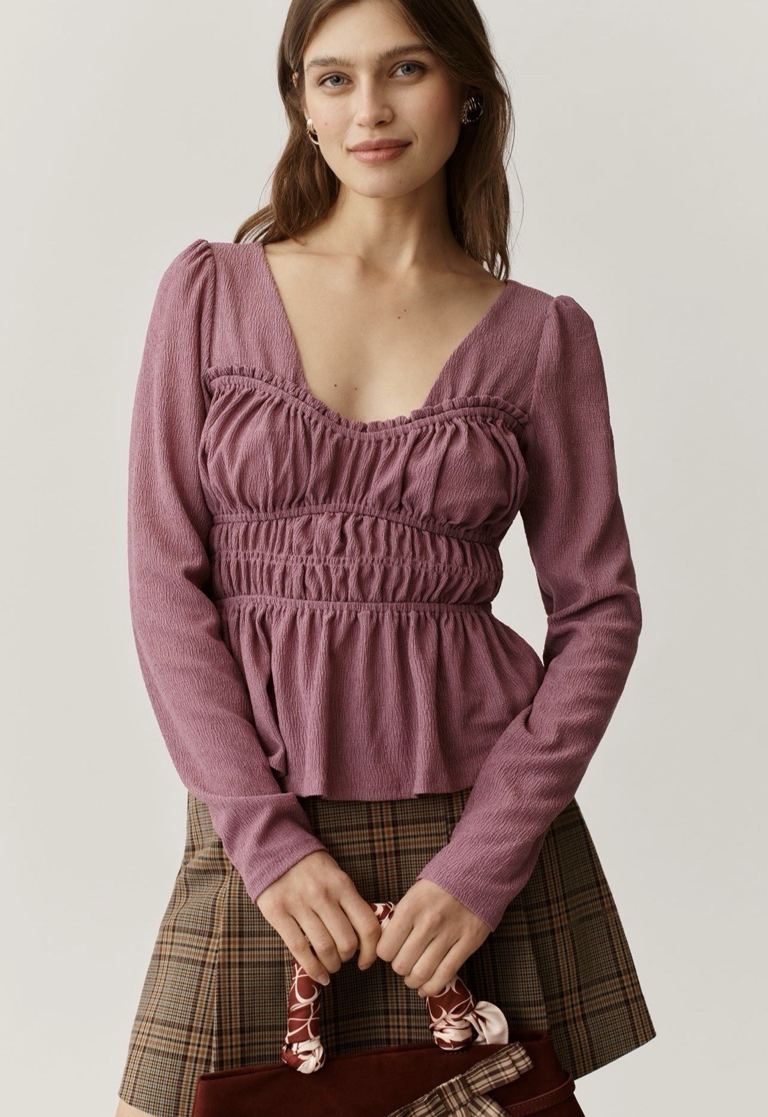 Anthropologie Maeve Women’s Purple Smocked Ruched Puff Sleeve Peplum Blouse M