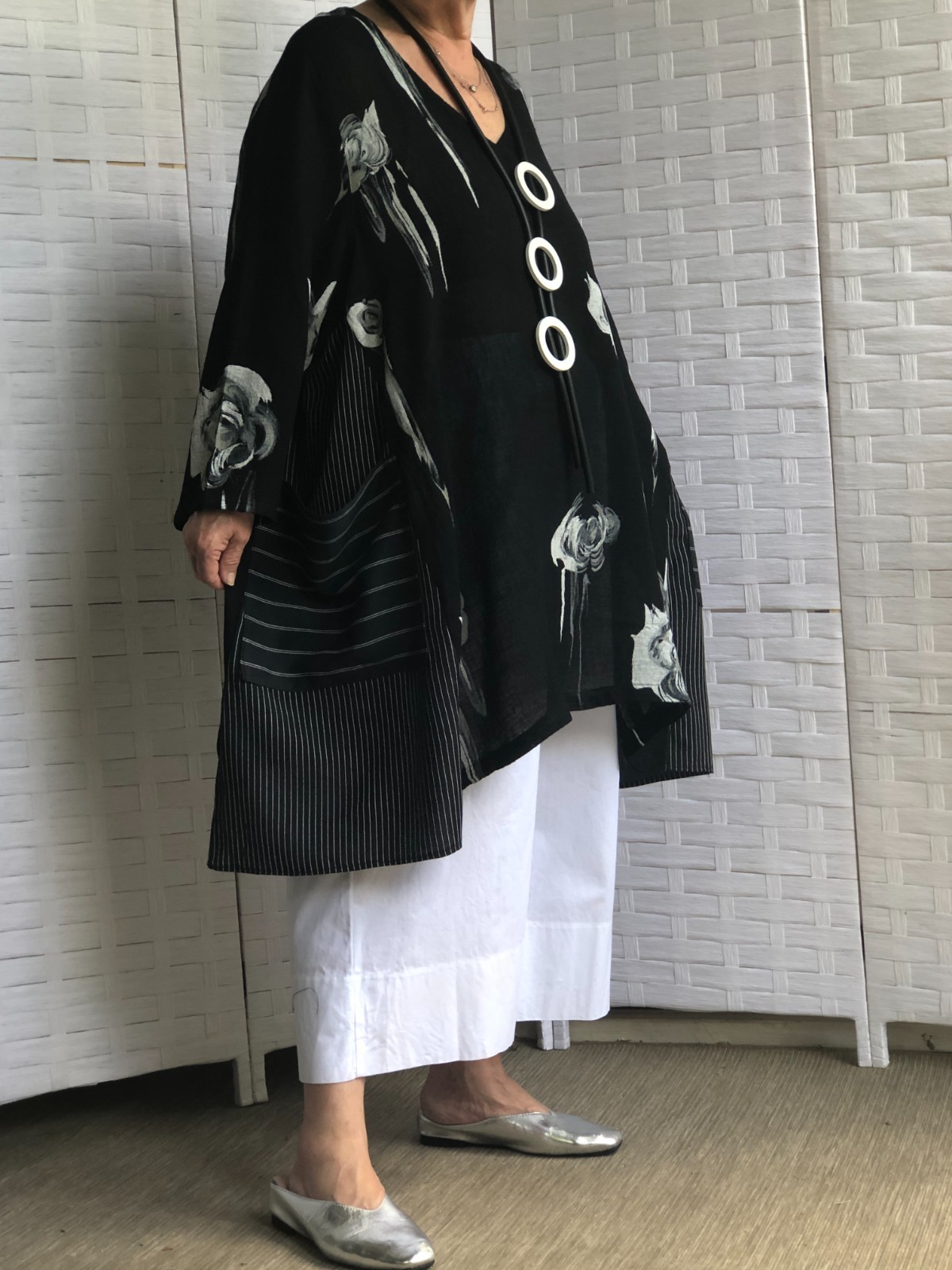 Lagenlook Asymmetric Artsy Boho Upcycle Linen Floral Black Tunic Necklac OSFM