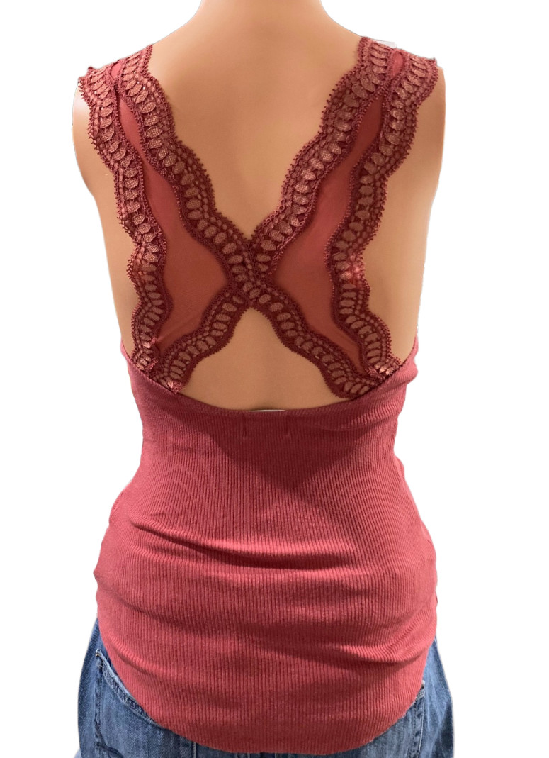 Free People Pumpkin Scalloped Lace Trim Rib Cotton Tank Mesh Lace Wing Back S