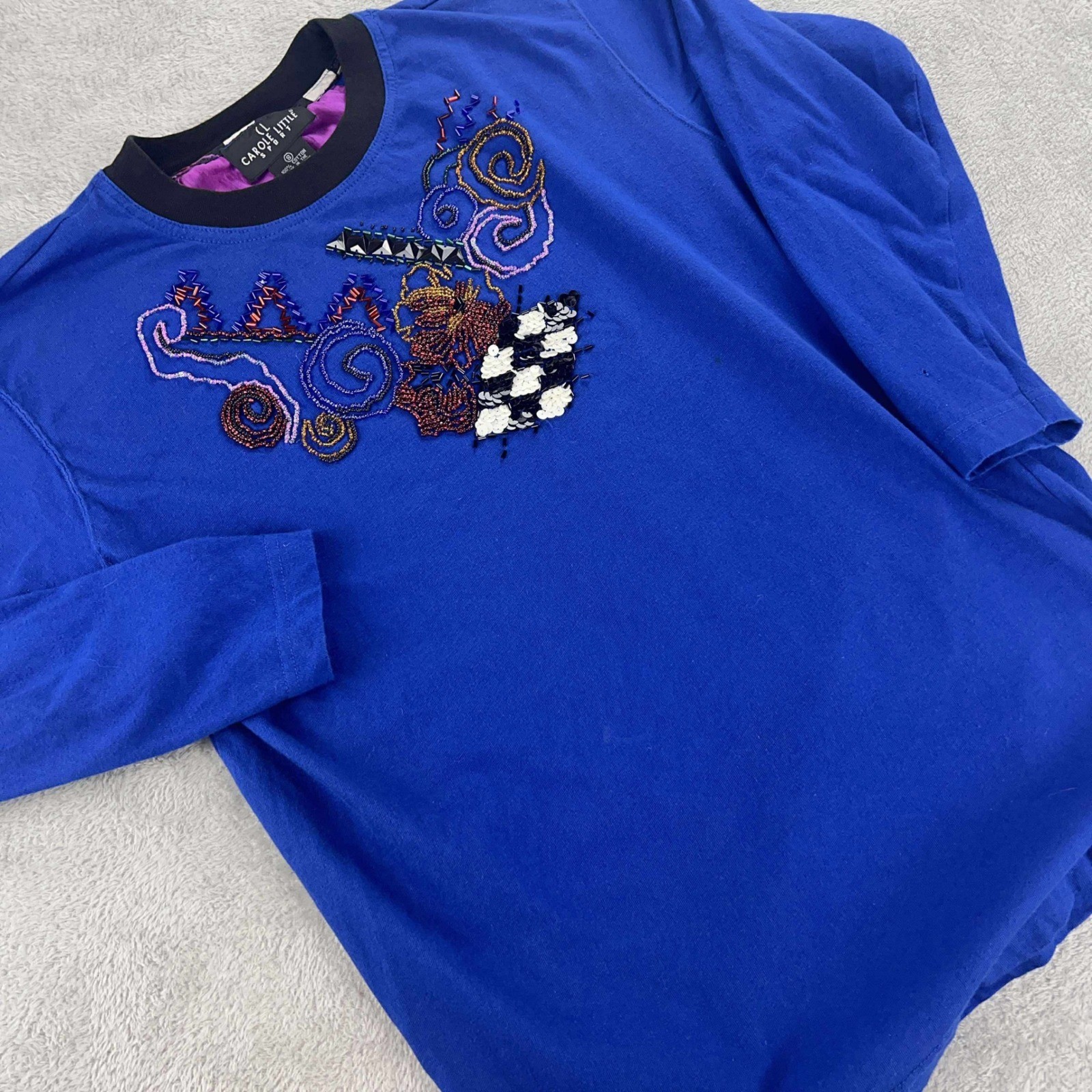 Carole Little Embellished Top Beaded Long Sleeve Crew Neck Blouse Size M