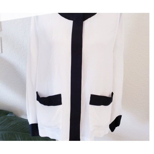 Joe Fresh White Black Button Down Elegant Classy Long Sleeve Silk Blouse L