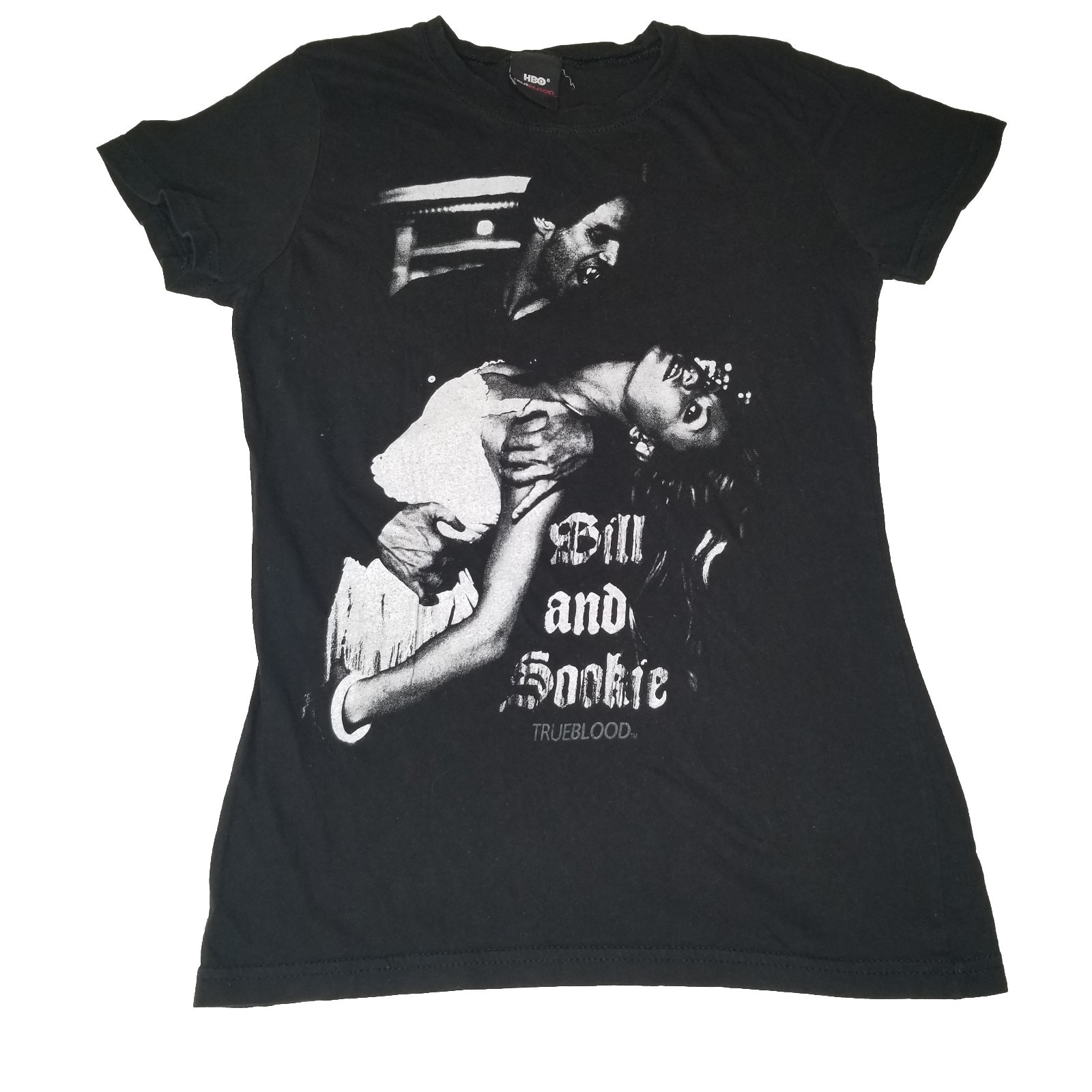 True Blood Shirt Womens Medium Baby Tee Bill & Sookie Vampire Black Y2K HBO 2009