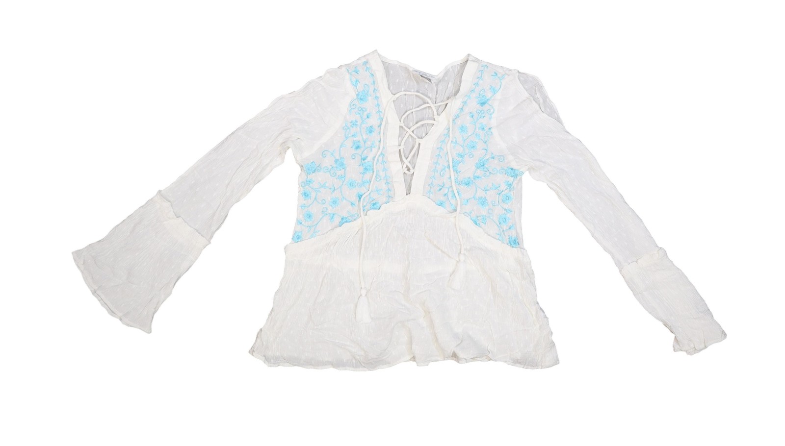Venus Shirt Womens 6 White Blue Embroidered Boho Peasant Lace Up Top Blouse