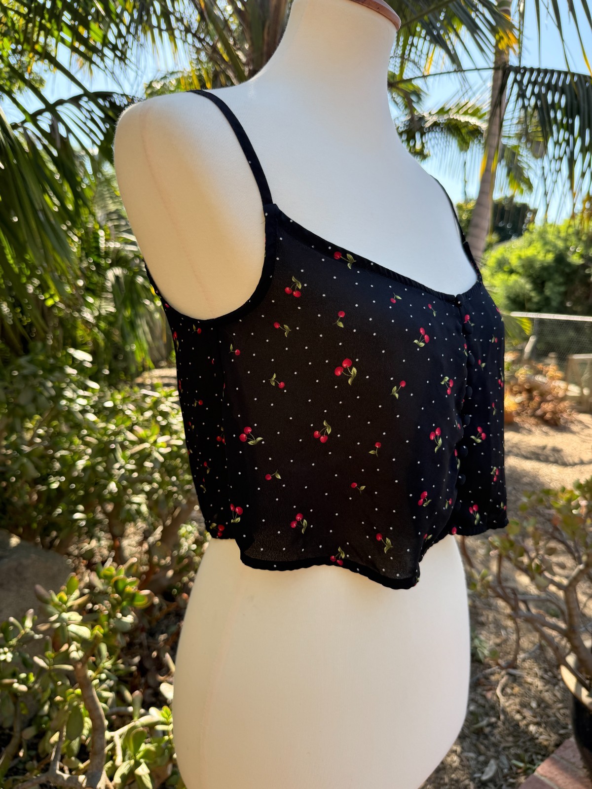 90s Y2K Revival Sheer Cherry Micro Dot Cropped Cami Size S Whimsigoth Dark Fairy
