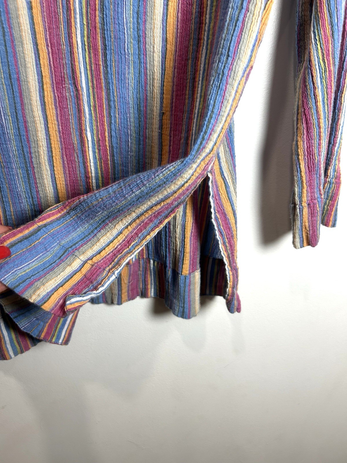 Soft Surroundings Tunic Top Embroidered Beaded Gauzy 100% Cotton Striped Gypsy L