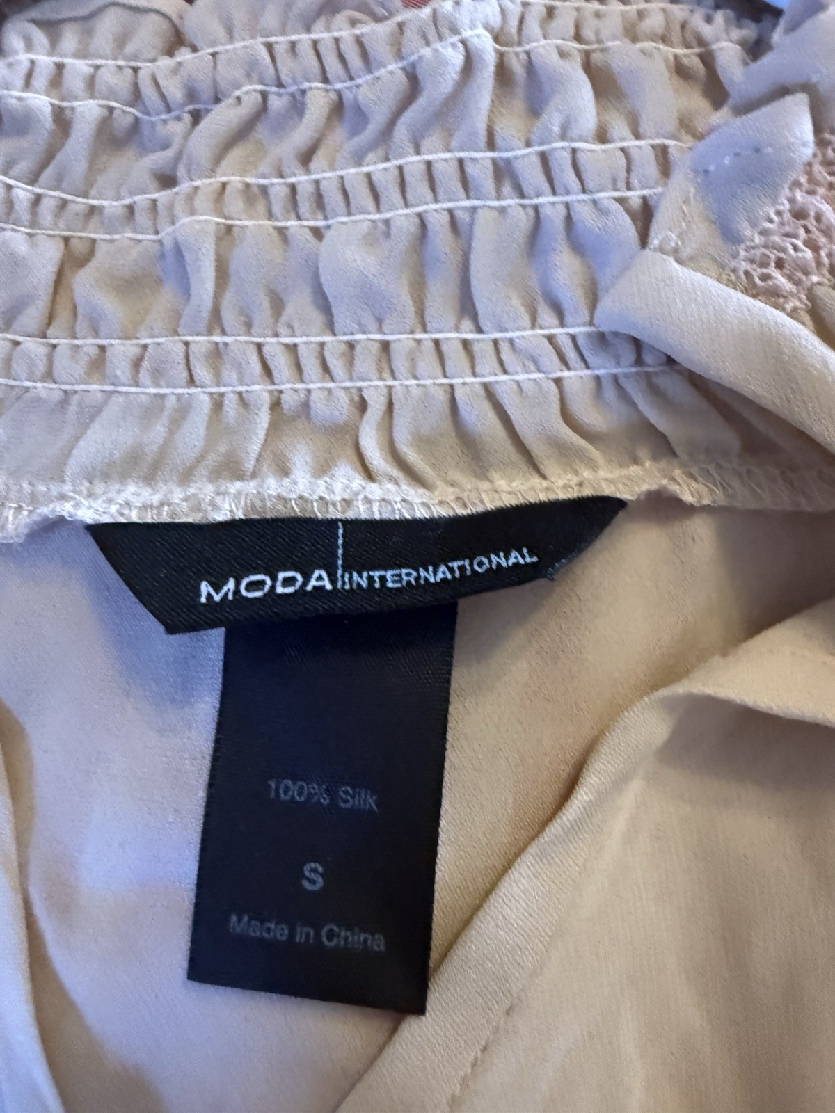 Moda International 100% Silk Smocked Blouse Peach Long Sleeve Boho Top Size S