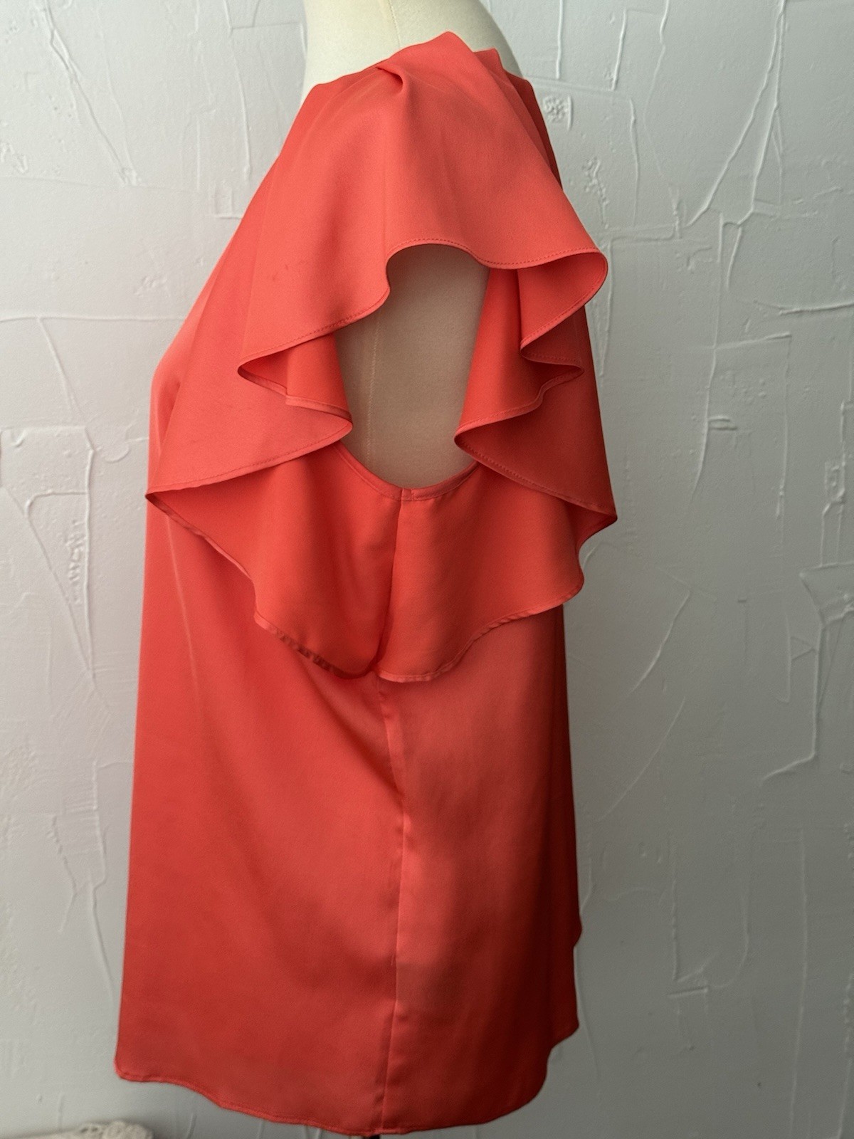 Worthington Top (L) Silky Satin Orange Cape Ruffle Short Slv Easy Care Feminine