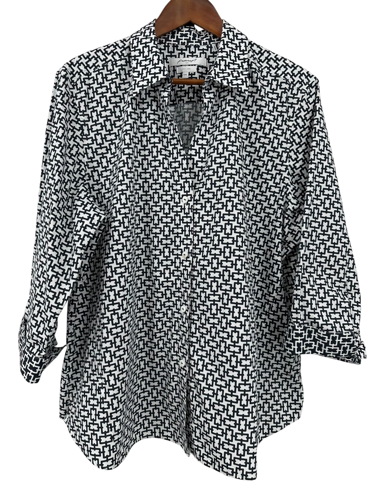 Foxcroft Black & White Chain Easy Care Cotton Stretch Button-up Shirt Womens XXL