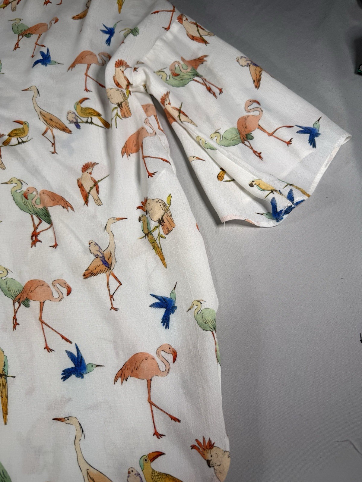 ZARA Women’s Bird Print Blouse S White Tropical Flamingo Parrot Boho Top