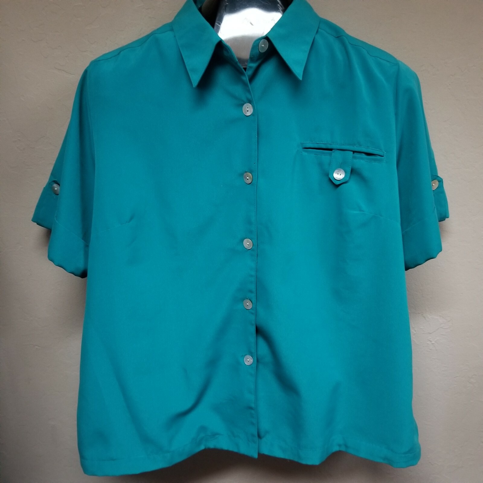 TravelSmith Womens Teal Casual Button Up Roll-Tab Sleeve Shirt XPL Blouse Pocket