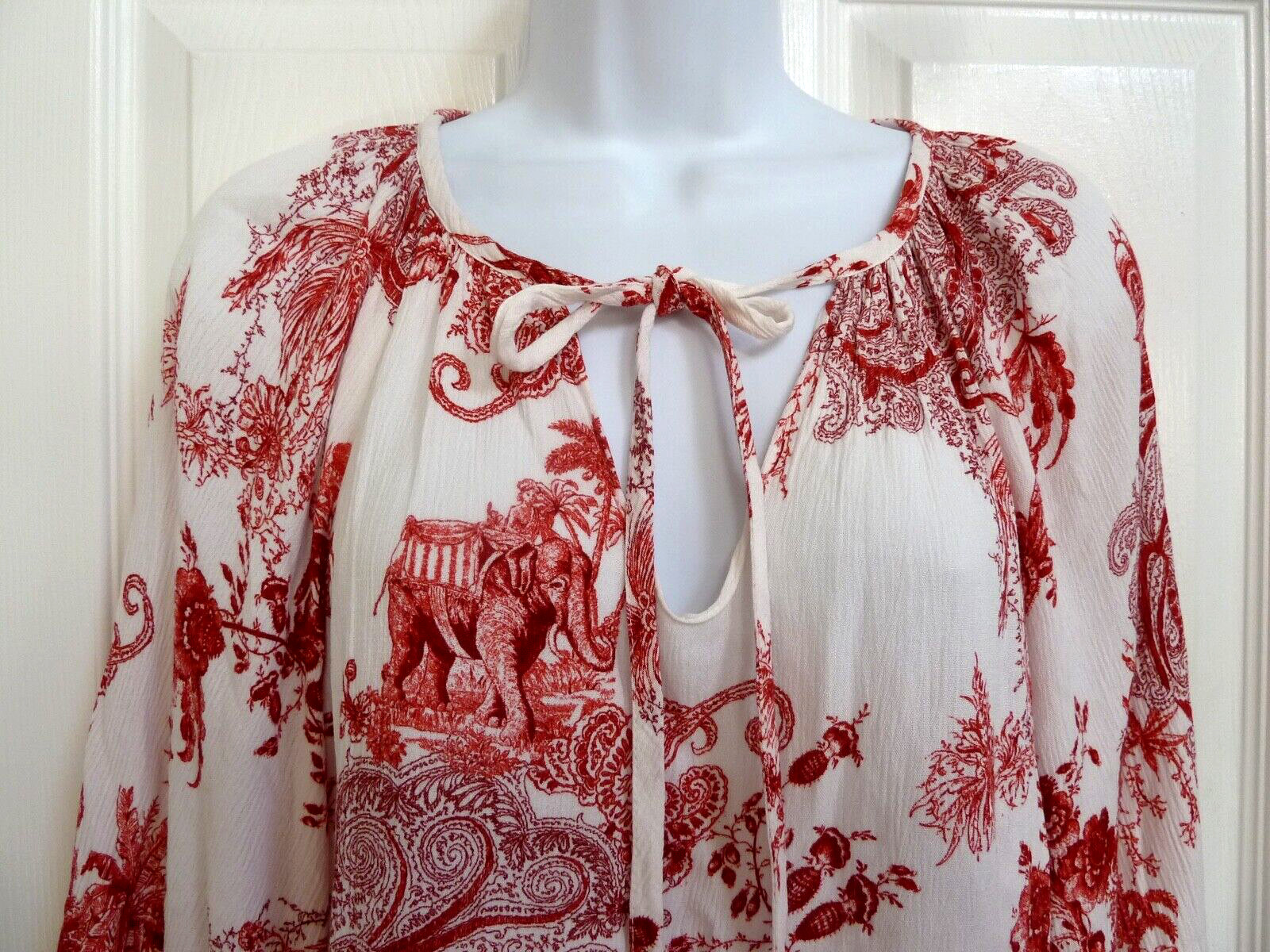 *KAREN KANE Sz Med. 8/10 Gauzy Balloon Sleeve Boho Blouse Asian Print Peasant*