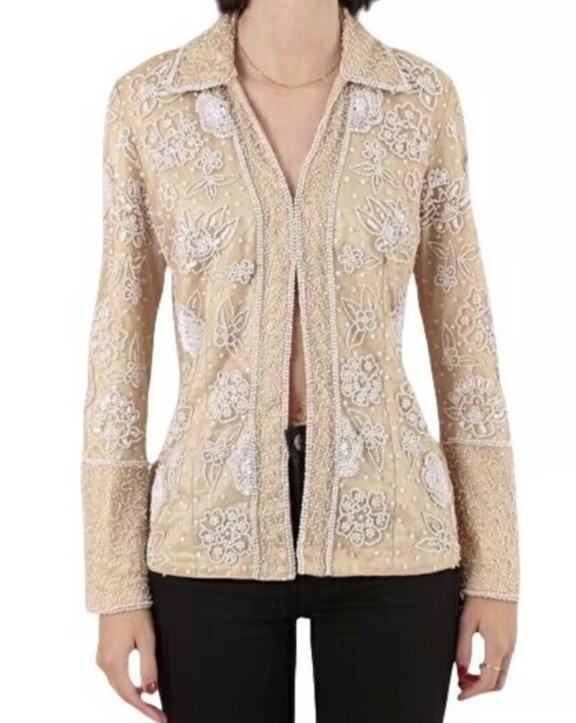 Together VTG Beige Pearl Beaded Embellished Mesh Jacket Floral Evening Top US 10