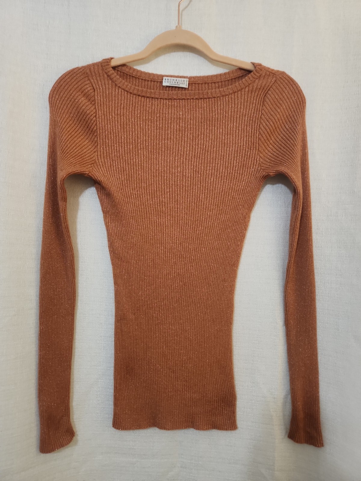 Brunello Cucinelli Cashmere Silk Boat Neck Fine Knit Copper Metallic Sweater XS