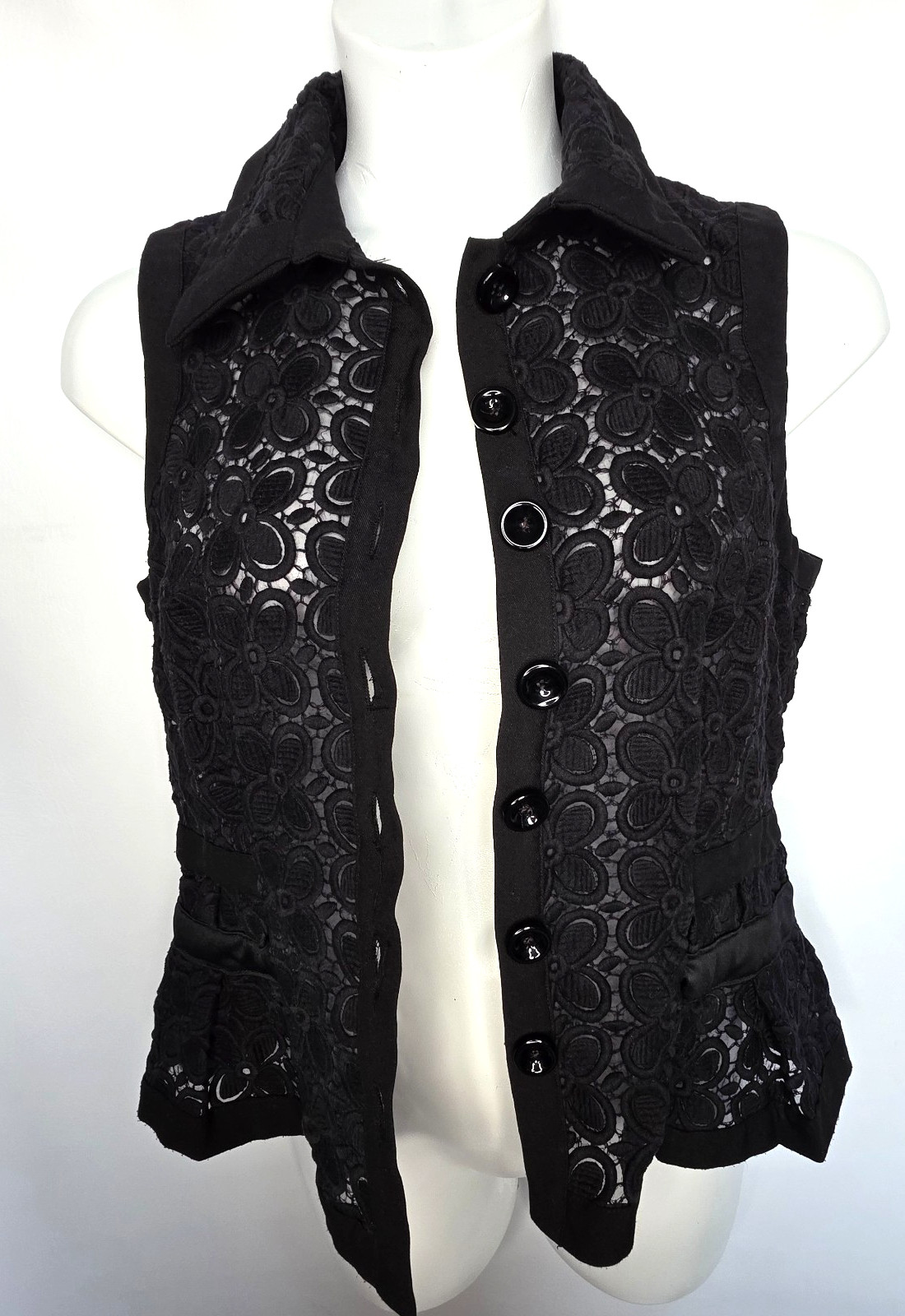 V Cristina Womens XL Vest Black Embroidered Button Front Sleeveless Peplum Top
