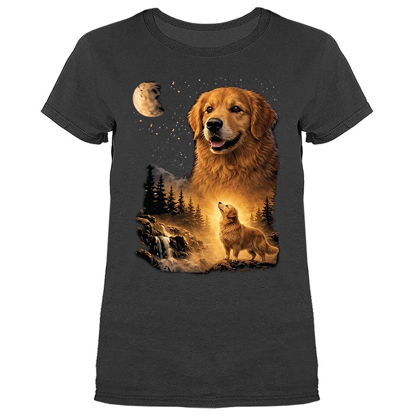 Golden Retriever Howling at Moon Night Forest Dog Waterfall Women’s T-shirt