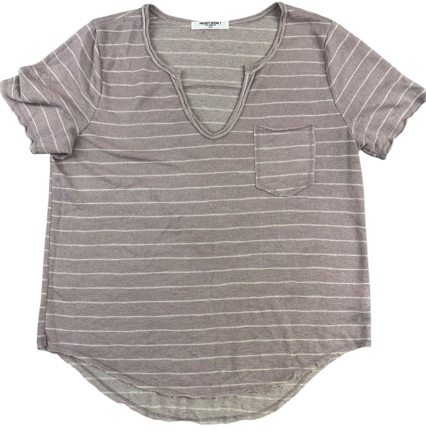 Project Social T Womens L Striped V-Neck Pocket Casual Comfort Tee Raw Edges