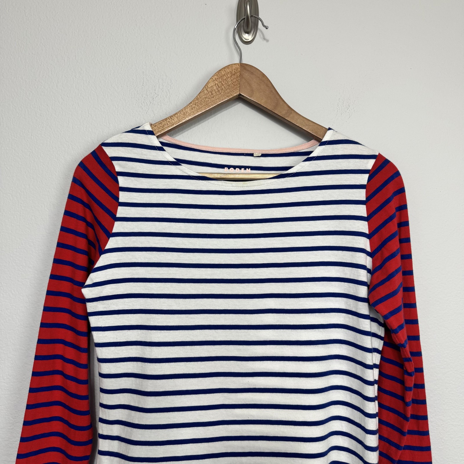 Boden Shirt Women’s 6 Navy Red White Stripe Boat Neck Long Sleeve Cotton Breton