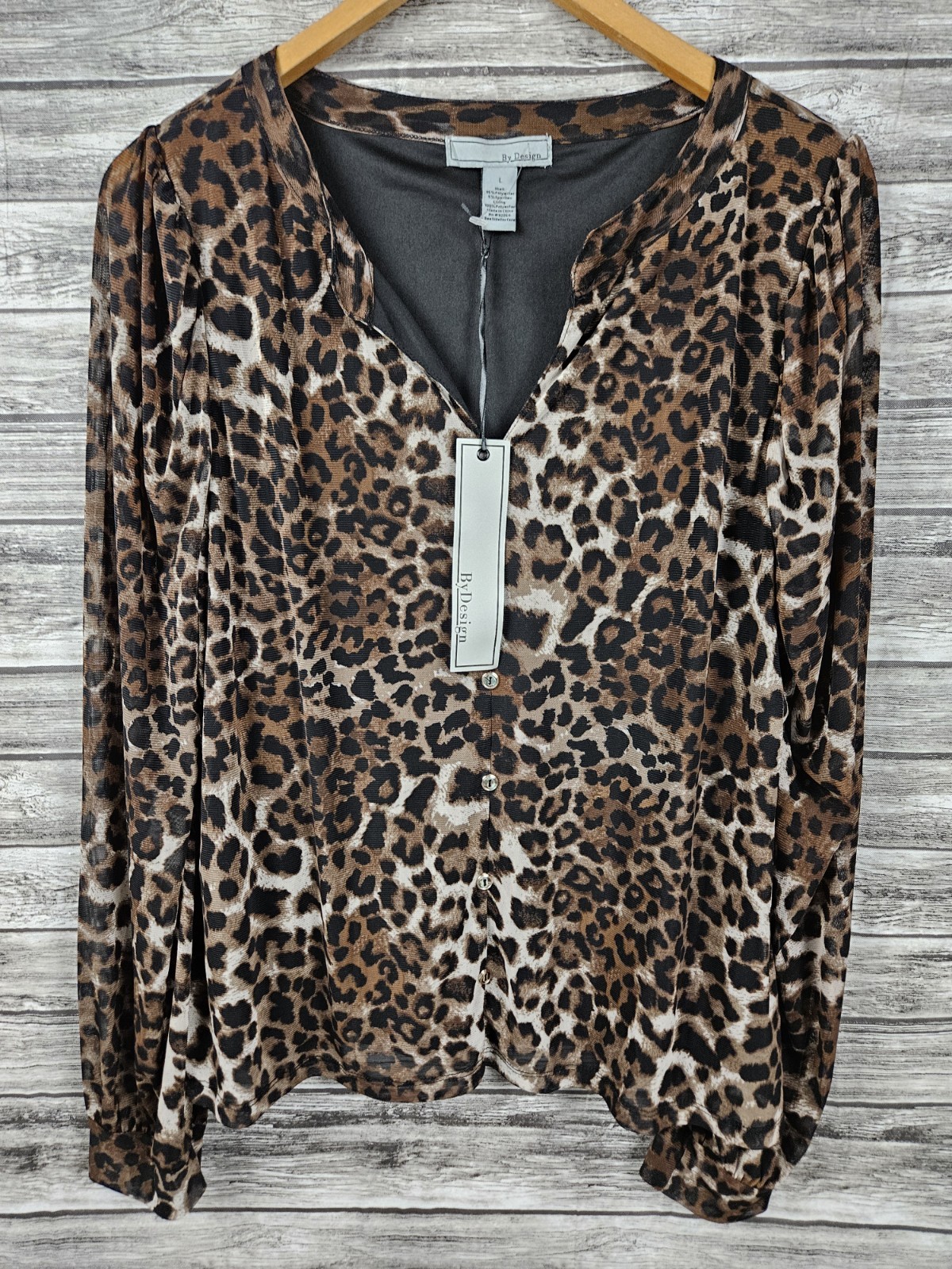 NWT By Design Women’s L Brown Black Leopard Animal Print Mesh Longsleeve Top