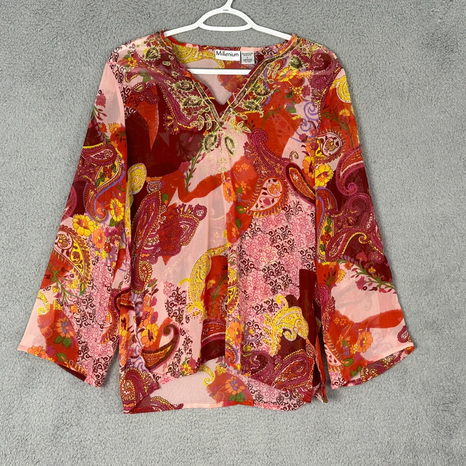 Millenium blouse womens large pink orange v neck embroidered paisley side slit