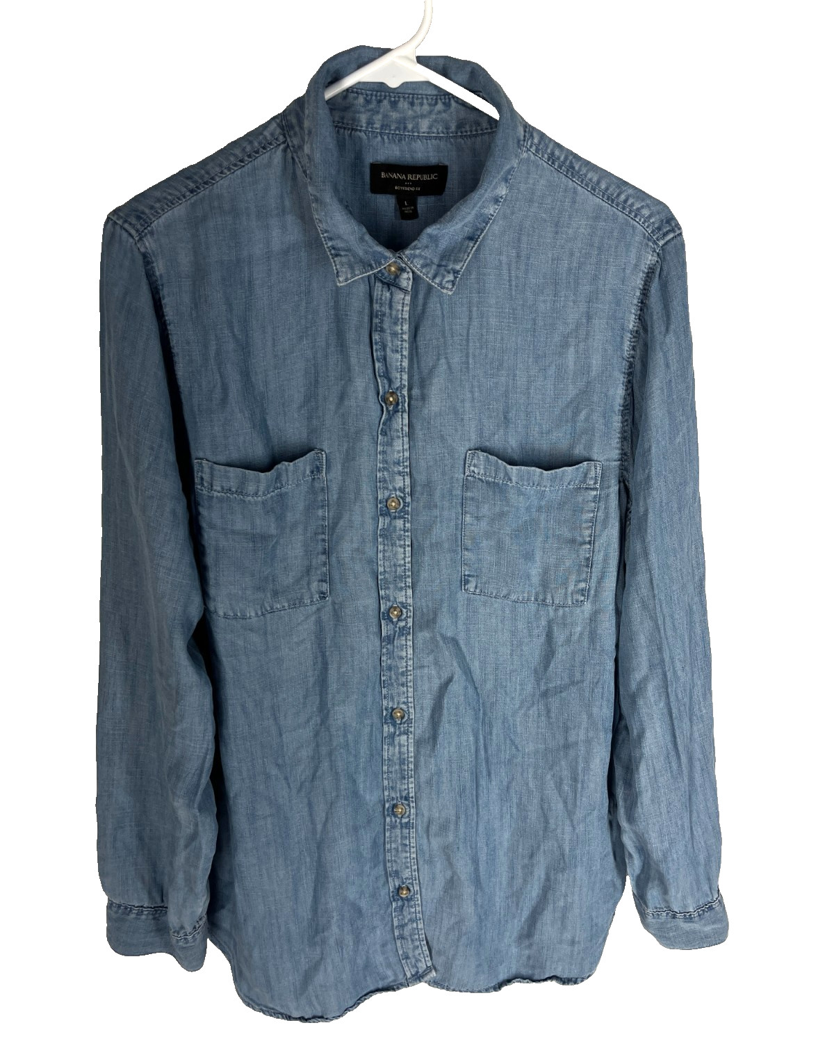 BANANA REPUBLIC Womens Shirt L Boyfriend Fit Chambray Western Boho Lyocell Top