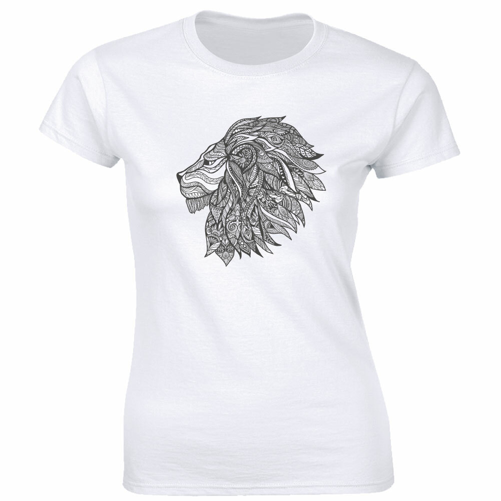 Lion Art Design with Tribal Print White T-Shirt for Women