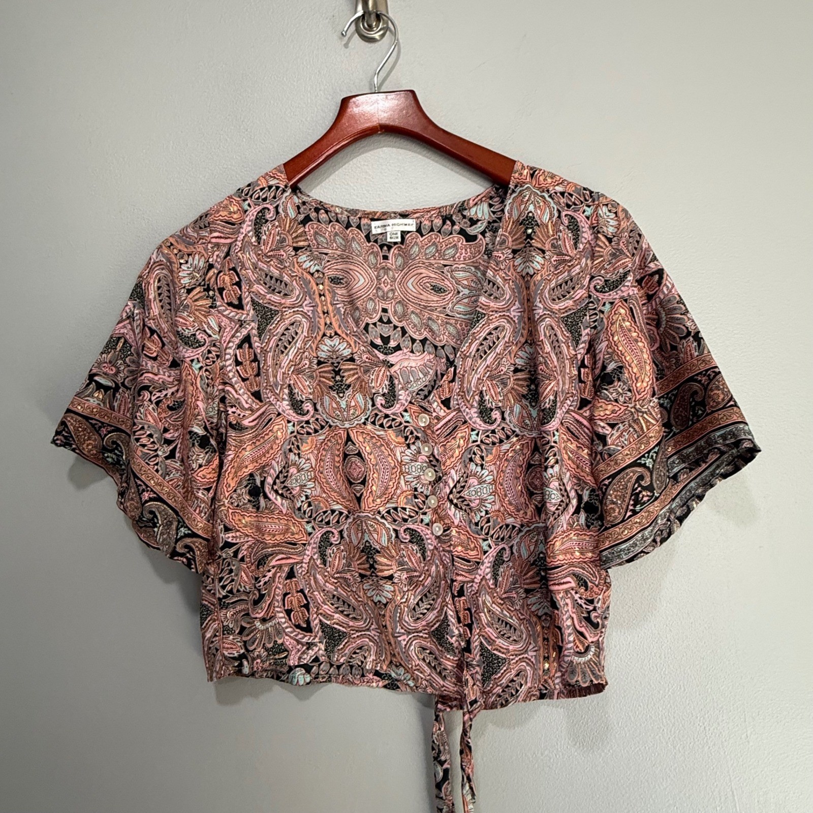 Karma Highway Paisley Print Crop Top Womens One Size Short Sleeve Tie Waist