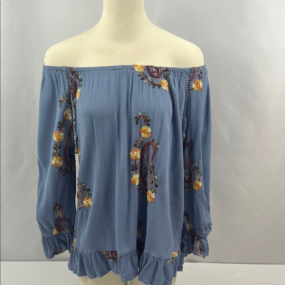 Liv Los Angeles Blue Boho Embroidered Floral Festival Ruffled Gypsy Top Size M