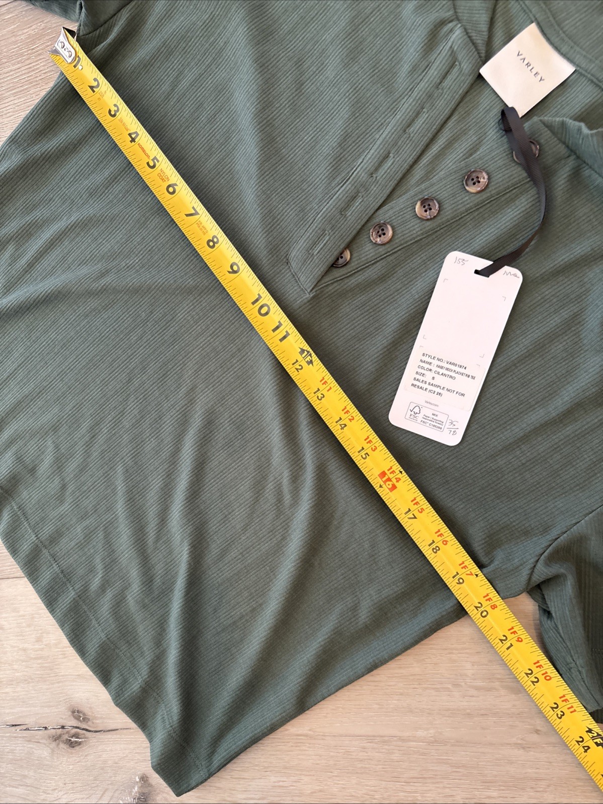 NWT Varley Kasey Mock Placket Rib Tee, Size S Green Color Ribbed Buttons