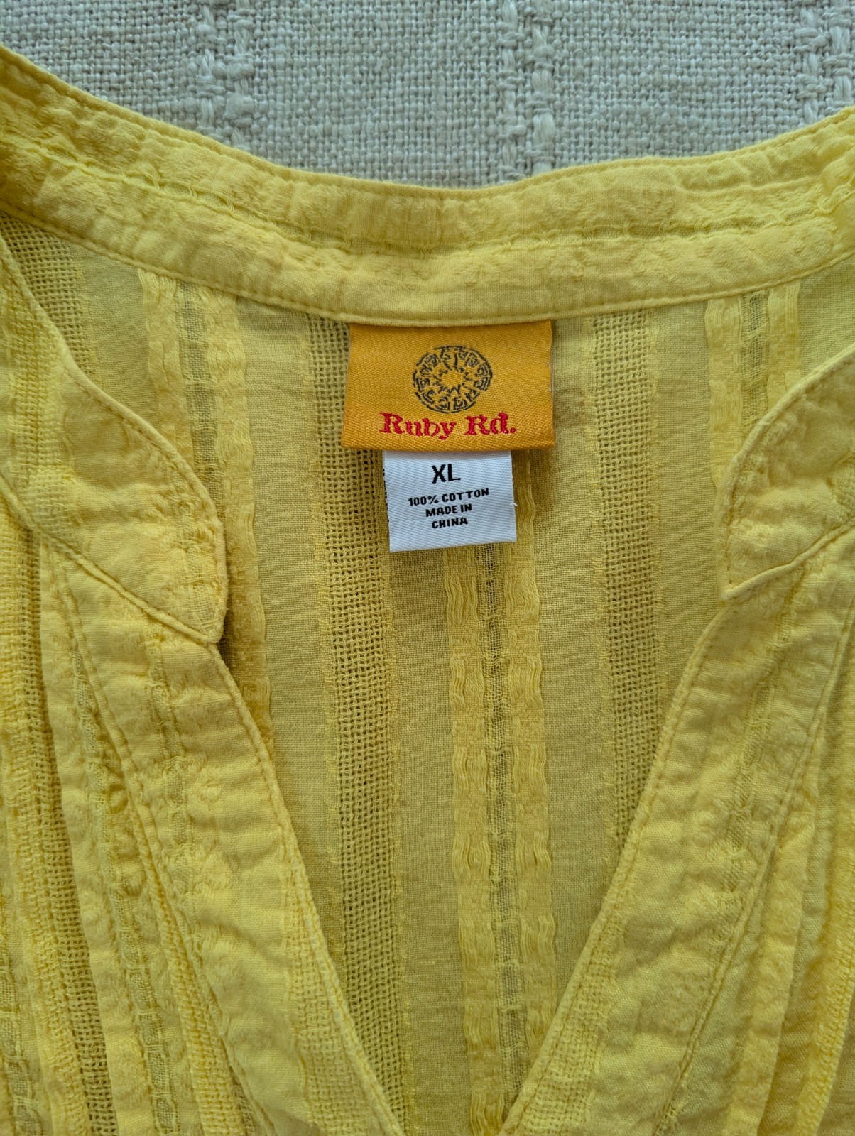 Ruby Rd Yellow Textured Cotton Peasant Blouse XL 100% Cotton Boho Relaxed