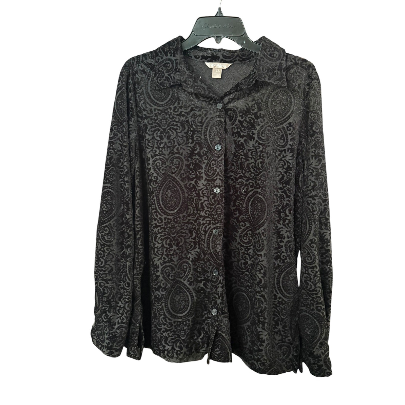 White Stag Womens Black Velvet Paisley Burnout Button Down Blouse Lg 12/14 NWT