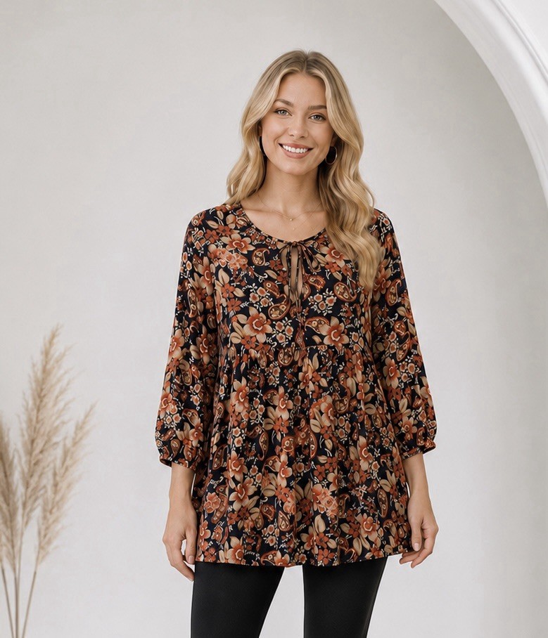 Womens Floral Babydoll Tunic Top Size Small Tie Neck Boho Summer Chic NWT