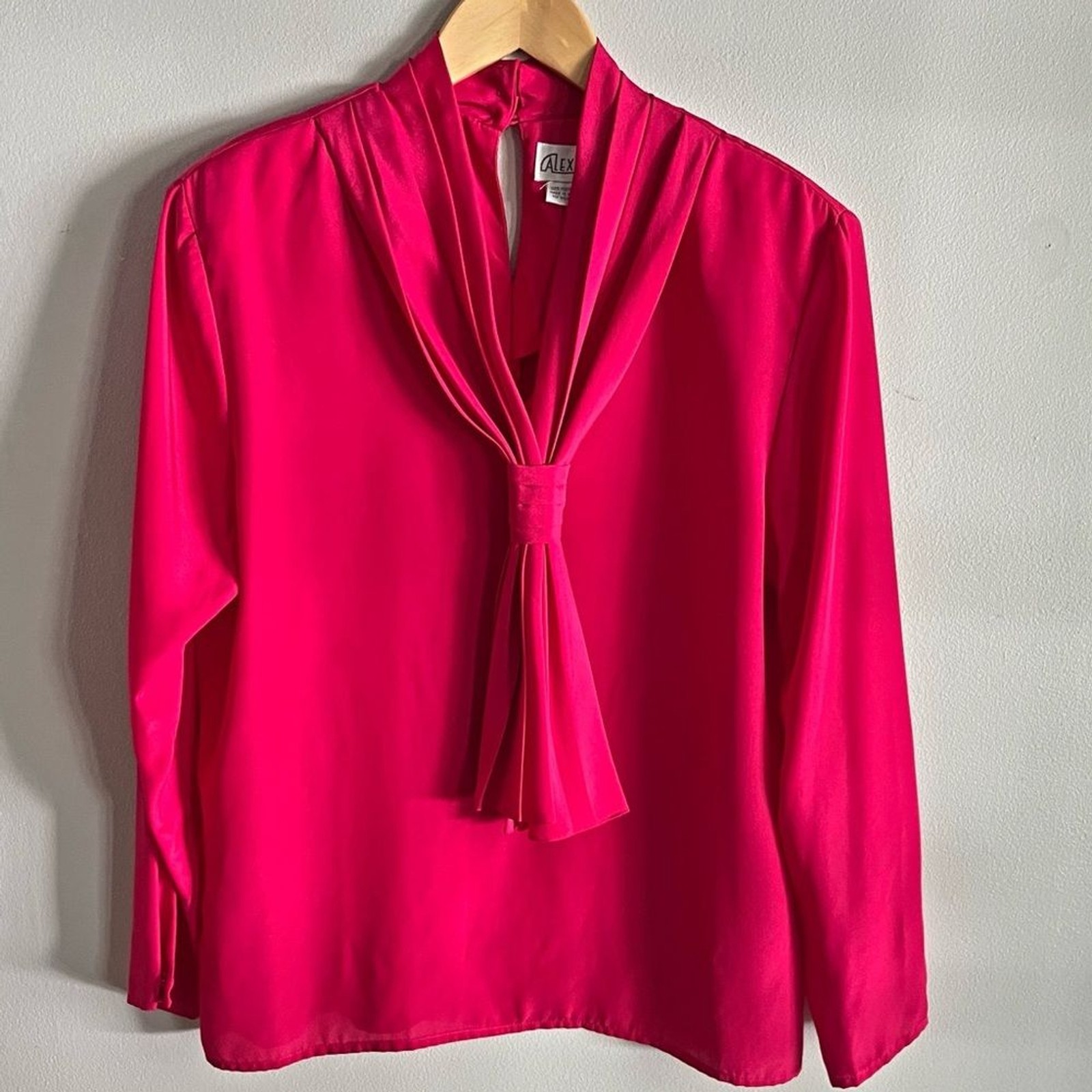 Vintage Alexandria Hot Pink Satin Bow Tie Blouse 14 Long Sleeve Secretary Top