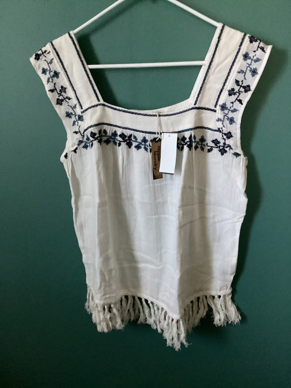 Hippie Laundry Embroidered Fringe Loose Summer Tank Top Shirt Size med