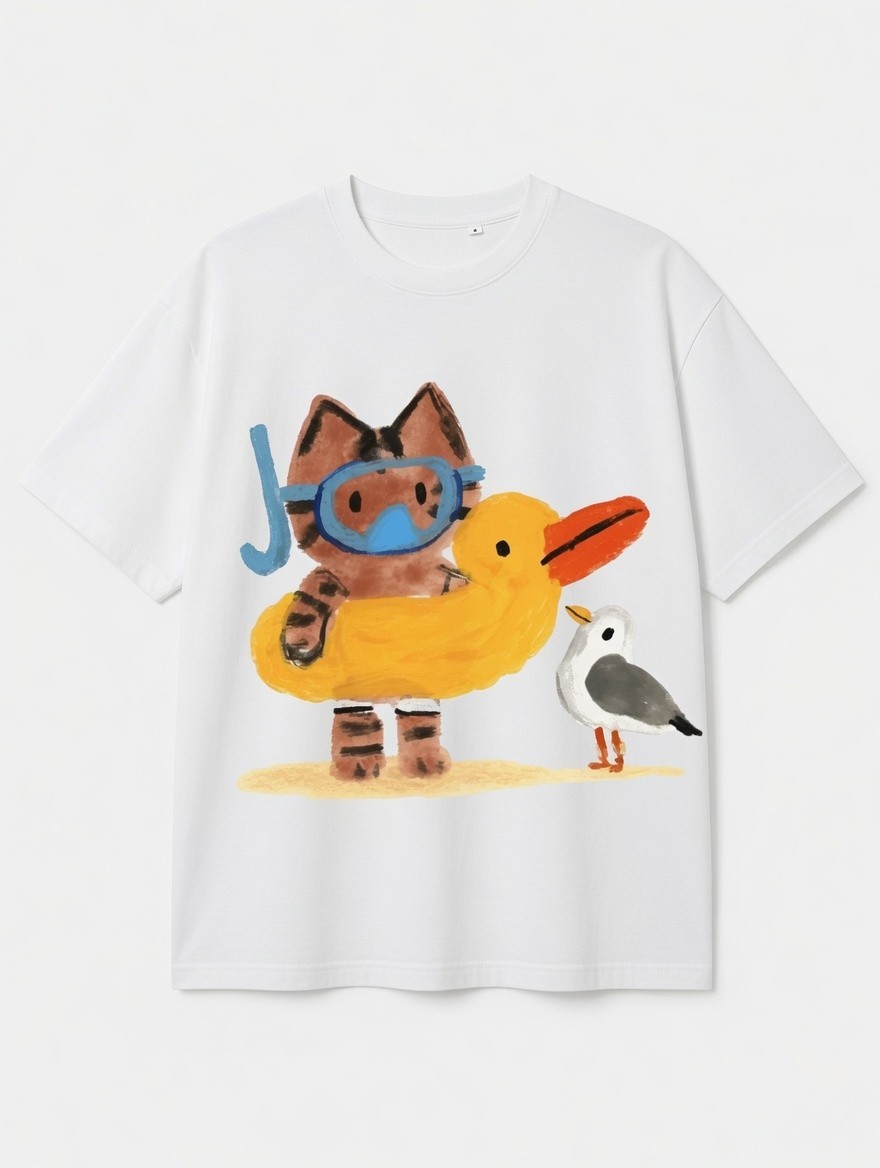 Adorable Cat Snorkeling with Duck Ring T-Shirt | Beach Animal Cartoon Tee