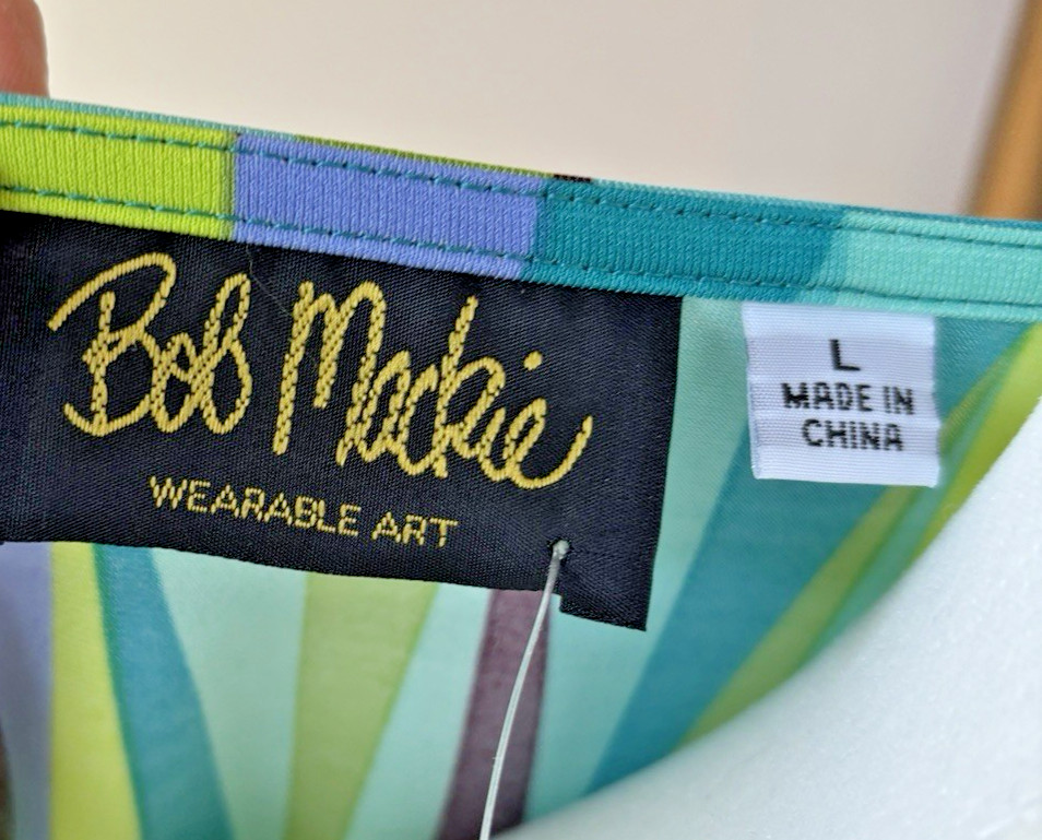 DESIGNER, BOB MAKIE” TAGGED TOP, “WEARABLE ART”, SIZE L, L SLEEVES, MACHINE WASH